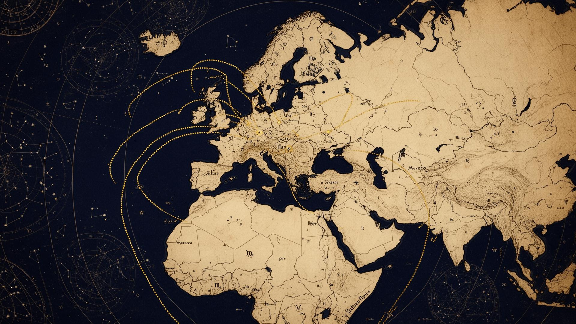 Antique celestial map of the journey across Britain, the Mediterranean, North Africa and the Levant