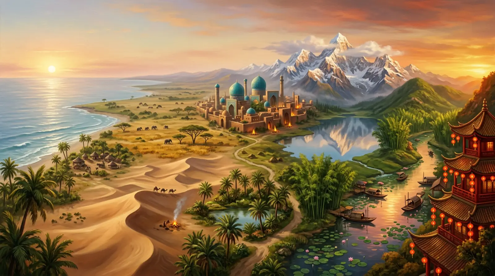 Painted bird's-eye map of the LIFTD journey: a continuous river of gold light threads from a dawn ocean through savannah, dunes, a domed desert city, mountain lakes, bamboo grove and a lantern-lit pavilion among cherry blossoms.